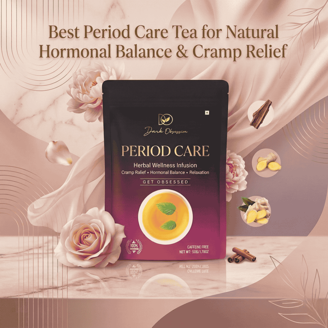 Dark Obsession Period Care Herbal Tea with Shatavari, Red Raspberry Leaves, Ashoka, Ginger, Cinnamon, Turmeric, and Lemon Peel for women wellness and menstrual support.